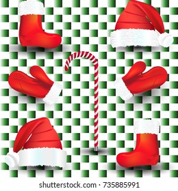 Large, a Christmas set of red santa claus hat, mittens, boots, striped stick. Vector illustration.