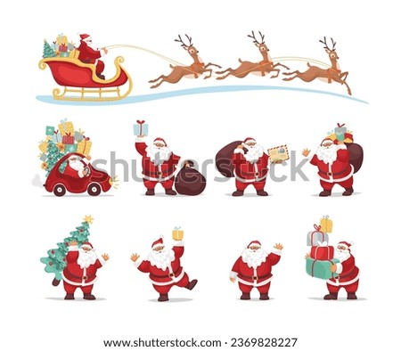 A large Christmas set with Santa Claus on a sleigh with reindeer, with gifts, with a New Year tree, in a car. Collection of characters for design, flat cartoon illustration isolated on white