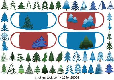 Large Christmas set of Christmas trees. A set designed for prints on medical masks, flyers, websites, and more. Vector illustration.