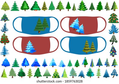 Large Christmas set of Christmas trees. A set designed for prints on medical masks, flyers, websites, and more. Vector illustration.