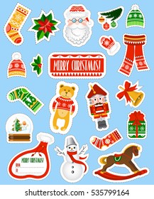 Large Christmas stickers set on blue background. Christmas and new year holidays stickers collection in cartoon style. 