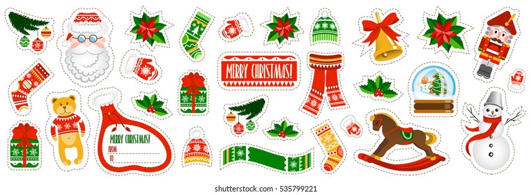 Large Christmas stickers set on white background. Christmas and new year holidays stickers collection in cartoon style. 