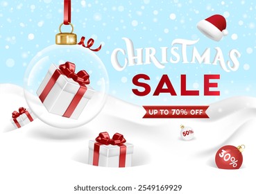 Large Christmas transparent ball with gift box inside. Gift boxes and balls with 30 and 50% discount in snowdrifts.Christmas sale with 70% discount, banner template with Christmas and holiday elements