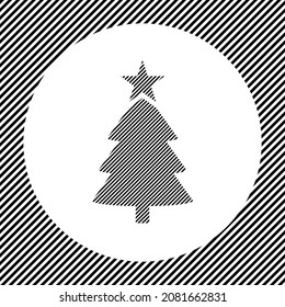 Ein großer Weihnachtsbaum in der Mitte als Luke von schwarzen Linien auf einem weißen Kreis. Interlaced-Effekt. Nahtloses Muster mit gestreiften, schwarz-weißer diagonaler Linie