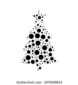 A large Christmas tree in the center made in pointillism style. The center symbol is filled with black circles of various sizes. Vector illustration on white background