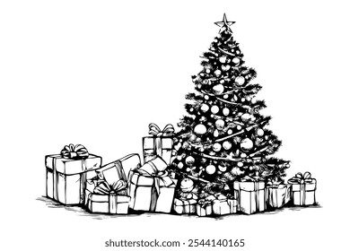 A large Christmas tree with many gifts underneath it. The tree is decorated with many ornaments and lights