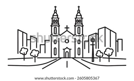 large church featuring two prominent towers, situated in the heart of a bustling cityscape line art flat vector illustration