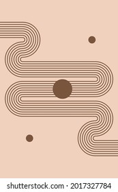 Ein großer Kreis gekrümmter Linien. Geometrische Abstraktion. Abstrakte Innenmalerei, Postkarte, Symbol, Deckel oder Plakat. Boho Stil, skandinavisch, Minimalismus.
