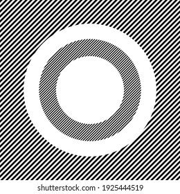 A large circle symbol in the center as a hatch of black lines on a white circle. Interlaced effect. Seamless pattern with striped black and white diagonal slanted lines