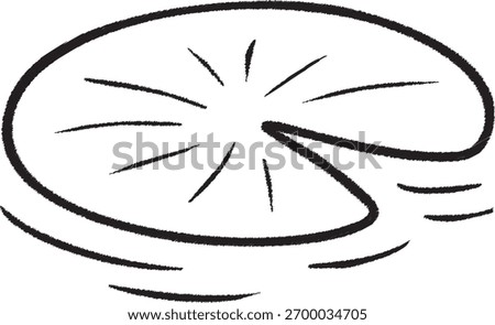A large circular lily pad with a distinctive notch floats on still water in clean lines