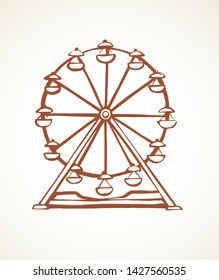 Large circular line move up funny kid Ferriswheel game picture draw on white paper space for text. Outline black ink hand drawn happy family luna movement joy car logo emblem in retro art doodle style
