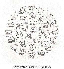 Large circular vector icon set of rural animals in linear style for logos, presentations and the web. Icons are isolated on shabby paper background.