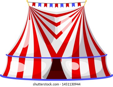 Large circus tent on a white background. Shapito circus. Striped tent with flags. Illustration vector of entertainment and circus art