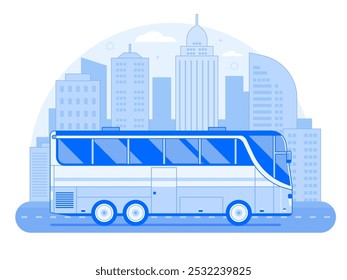 Large city bus driving on downtown road. Modern public transport scene in line art.
