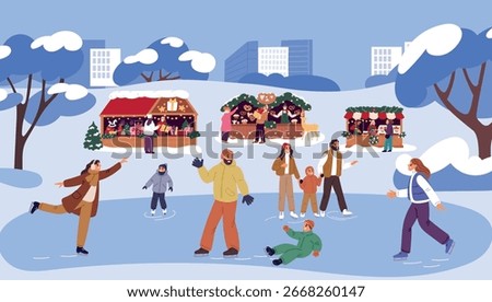 Large city skating rink. Many different people on ice skaters. Christmas market against backdrop of winter cityscape. Xmas fair kiosks. Wintertime leisure. Family having fun in park. Vector concept