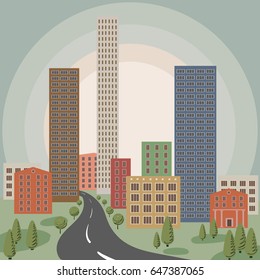 A large city with tall buildings, a park and a road. The road leads to the city. Against the background of the rising sun. Flat design.
