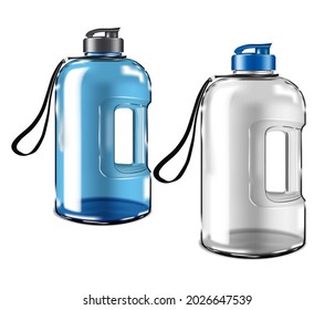 Large clear plastic water bottle with lid and carry handle isolated on white background, realistic vector mock-up. Reusable gallon water jug with cap, mockup. Template for design. Easy to recolor