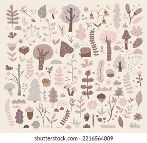 Large clipart forest plants in pastel colors. Set of hand drawn cute trees, branches, acorns, mushroom, twig, wild herbs, berries and flowers. Scandinavian style vector flat botanical illustration