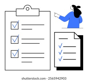 A large clipboard with checklists, a smaller checklist, and a person pointing. Ideal for task organization, project management, goal setting, productivity, and planning. Minimalist design style