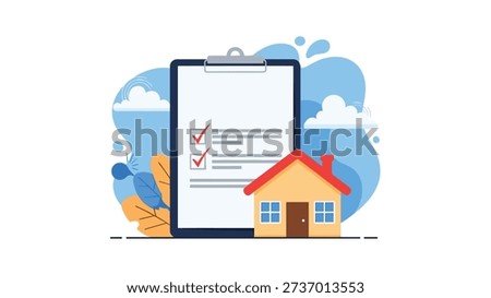 Large clipboard displaying a checklist with red check marks positioned next to a small residential house icon for property inspection or real estate.