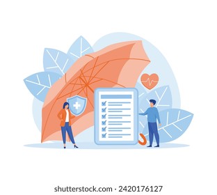 Large clipboard with documents under umbrella. Health, financial and medical services. flat vector modern illustration 