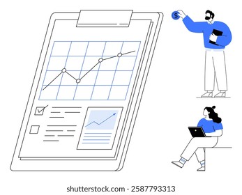 Large clipboard with upward-trending growth chart, one person holding document, another using laptop. Ideal for business, finance, presentations, reporting, strategy planning, success forecasting