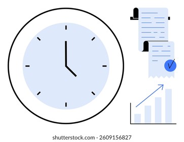 A large clock, bar chart with upward trend, and receipts with a check mark in blue and white modern style art. Ideal for time management, financial planning, productivity, auditing, bookkeeping