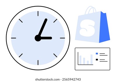 Large clock beside a blue shopping bag with S and a data chart. Ideal for themes like time management, business efficiency, shopping, data analytics, and productivity. Simple modern style