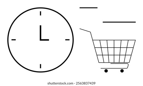 Large clock beside a shopping cart. Ideal for themes time management, shopping efficiency, online shopping, delivery schedules, urgency. Simple vector style with black line art on white background