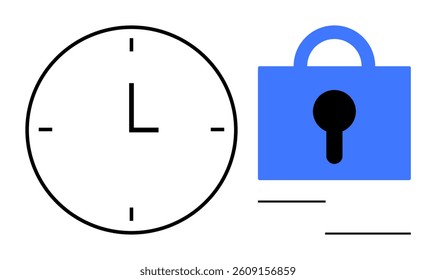 Large clock with black outline on left and blue padlock with keyhole on right Ideal for time management, security, deadlines, scheduling, productivity Minimalist vector style
