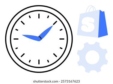 Large clock with blue hour and minute hands, shopping bag with white letter S, and grey gear. Ideal for business, productivity, scheduling, shopping, time management, efficiency