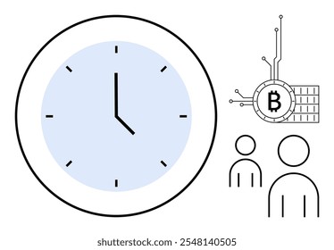 Grande reloj con cara azul claro que indica la hora. En las proximidades hay símbolos de criptomonedas y dos iconos similares a humanos que sugieren una interacción social. Ideal para temas como la gestión del tiempo y la economía digital