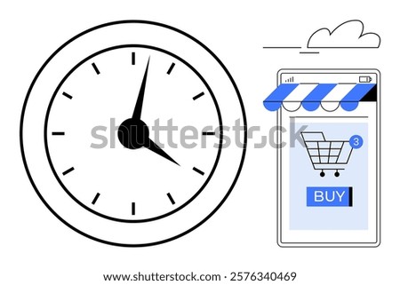 A large clock next to a mobile phone screen showing a shopping cart with a Buy button. Ideal for time management, online shopping, digital commerce, ecommerce efficiency, and retail technology