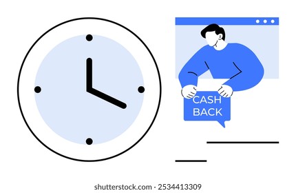 Large clock on left side with light blue background. Man holding cashback sign inside a webpage frame on right. Ideal for time management, e-commerce, promotion, finance, and sales marketing