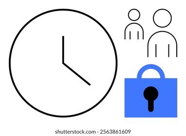 Large clock on the left with two minimalist human figures above a blue padlock on the right. Ideal for time management, security, teamwork, privacy, and employee attendance. Simple design style