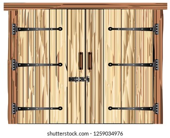 A large closed wooden barn double door with bolt and hinges