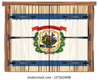 A large closed wooden barn double door with bolt and hinges and the West Virginia state flag painted on