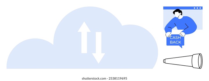 Nube Grande con flechas bidireccionales, una persona sosteniendo un signo de devolución de dinero y un telescopio. Ideal para computación en la nube, transferencia de datos, ahorros en línea, exploración y temas de tecnología futuros