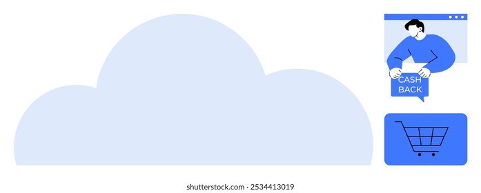 Large cloud dominates center. Person holds cash back sign in browser window. Shopping cart icon on bottom right. Ideal for highlighting online shopping benefits cloud technology e-commerce rewards