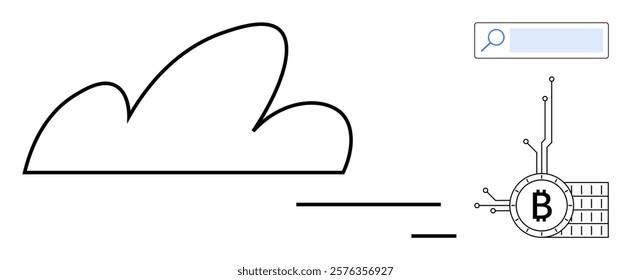 Large cloud icon connected to a Bitcoin symbol on a circuit board, with a search bar at the top. Ideal for blockchain, cryptocurrency, cloud computing, technology integration, and digital innovation