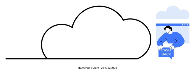 Large cloud icon and a person in a browser window holding a cashback sign. Ideal for online shopping, cashback programs, cloud services, tech ads, and financial incentives. Minimalist vector style