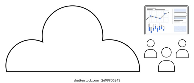 Grande estrutura de nuvens, painel digital com gráficos, gráficos e ícones do usuário. Ideal para tecnologia em nuvem, análise de dados, segurança cibernética, trabalho remoto, SaaS, colaboração on-line, transformação digital