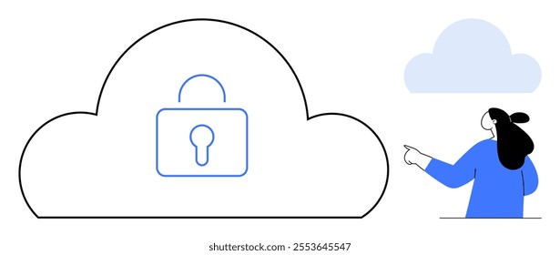 Large cloud outline with lock icon inside symbolizing security. Person pointing towards cloud. Ideal for cloud computing, data protection, cybersecurity, cloud storage, online privacy. Simple