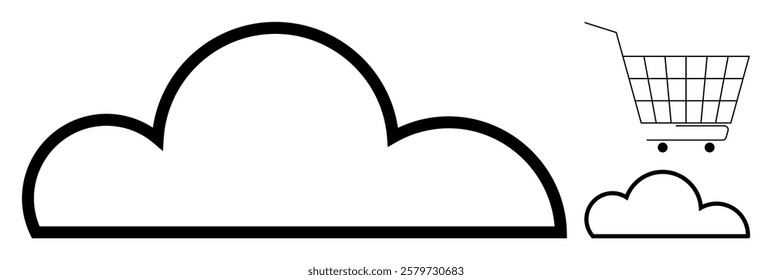 A large cloud outline with a shopping cart and a smaller cloud next to it. Ideal for themes of ecommerce, online storage, technology, digital solutions, cloud computing. Simple black and white style