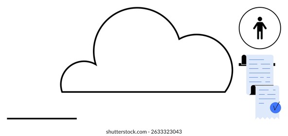 Large cloud shape with user icon, documents, and checkmark. Ideal for data storage, cloud computing, digital document management, online security, and tech services. Minimalist vector style