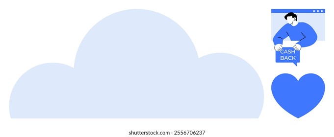 Large cloud symbol in light blue with a person receiving a cash back offer in a dialog box and a blue heart. Ideal for technology, finance, customer engagement, online services, reward programs