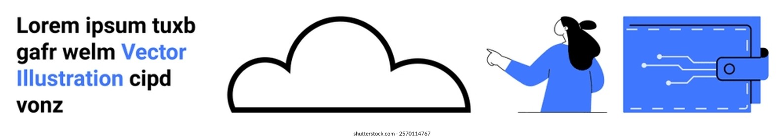 Large cloud symbol, person pointing, and a secure digital wallet. Ideal for cloud storage services, digital security, online financial management, technology integrations, and data privacy. Banner