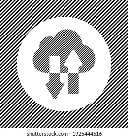 A large cloud technology symbol in the center as a hatch of black lines on a white circle. Interlaced effect. Seamless pattern with striped black and white diagonal slanted lines