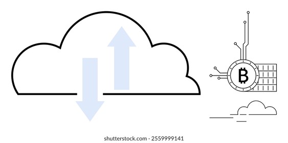 Large cloud with upward and downward arrows indicating data transfer. Bitcoin with electronic circuitry represents cryptocurrency. Minimalist style with technology and finance themes. Ideal for cloud