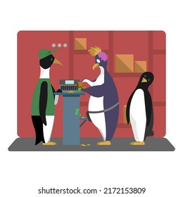a large clumsy purple penguin with colored hair drops money while paying to receive goods at the post office, he is looked at by the seller and another penguin in line.